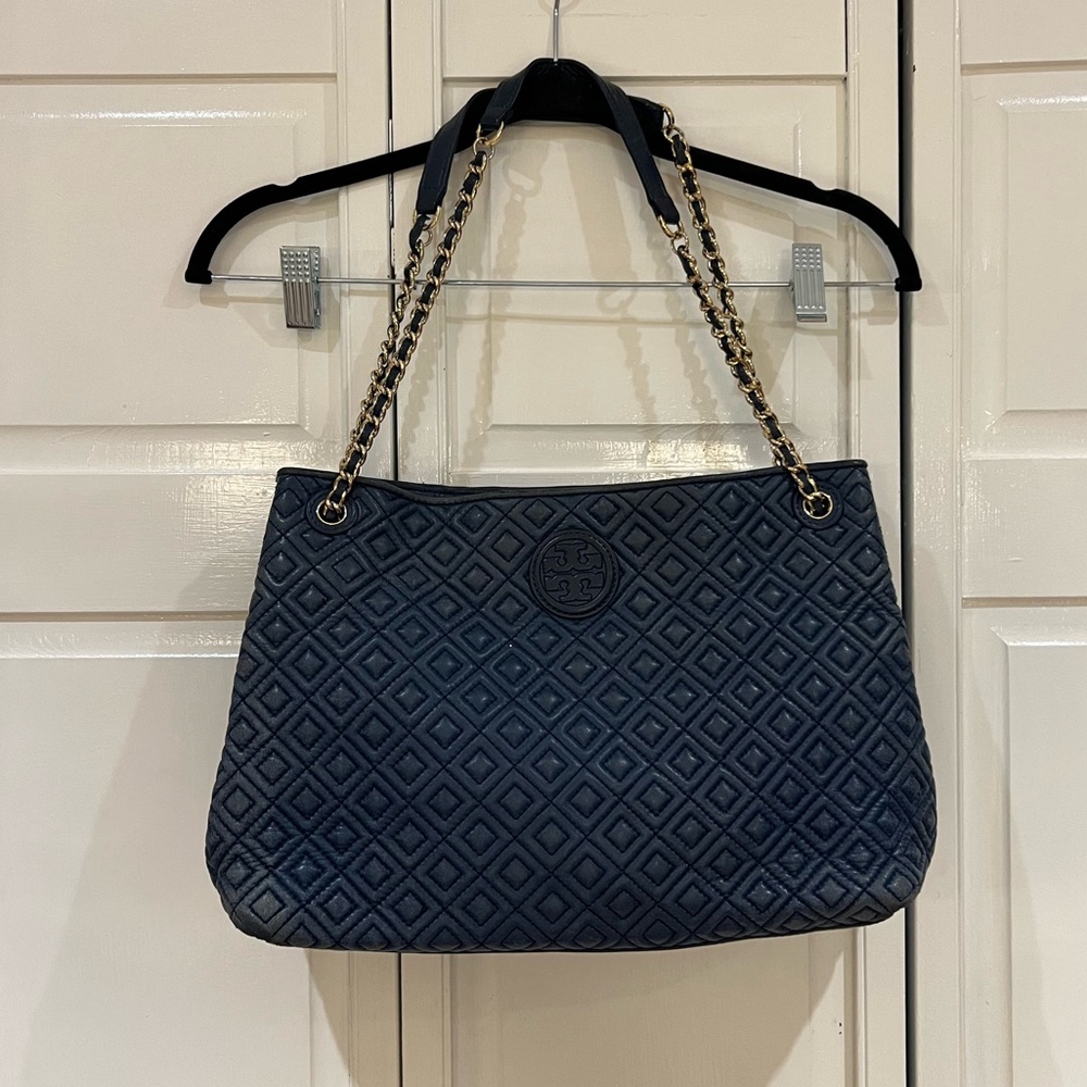 Tory Burch Navy Marion Quilted Tote Chain Shoulder Bag